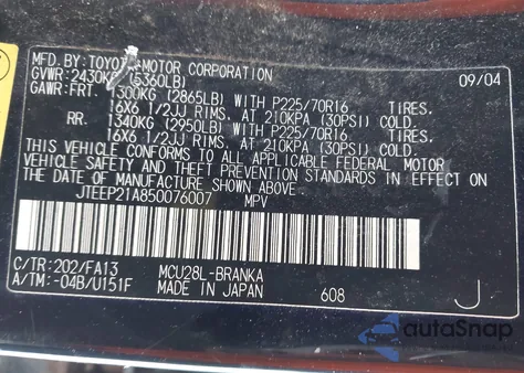 2005 Toyota Highlander V6 z USA, uszkodzony, nr VIN JTEEP21A850076007